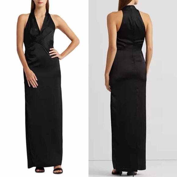 Lauren Ralph Lauren Satin Pleated Long Minimalist Gown Size US 6 Black - Picture 1 of 13